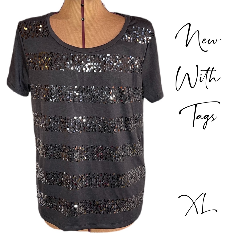 NWT XL Free Culture Charcoal Grey Sequin Stripe Short Sleeve Top with Zipper